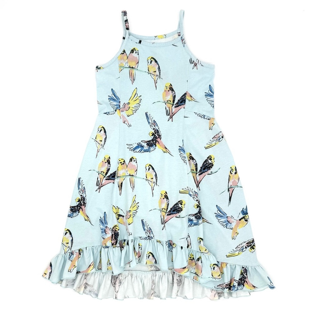 GUC Tea Collection Pop Parrots Birds Print High Low Sleeveless Dress in Blue 7